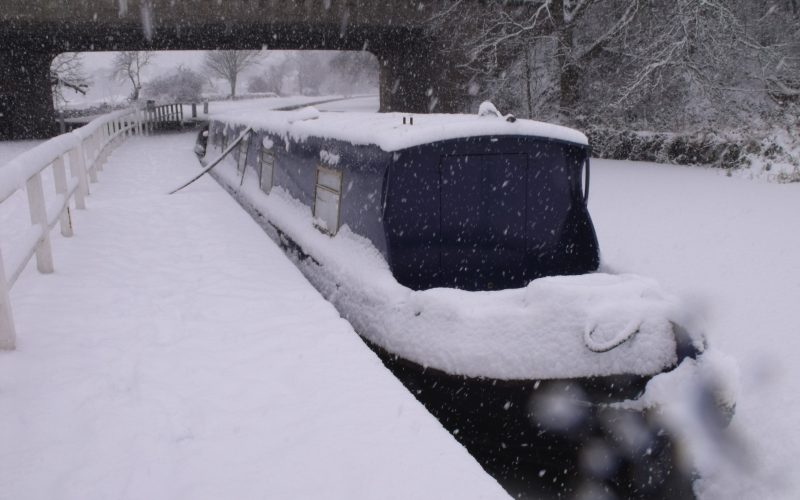 Narrowboat Audrey Too in snow